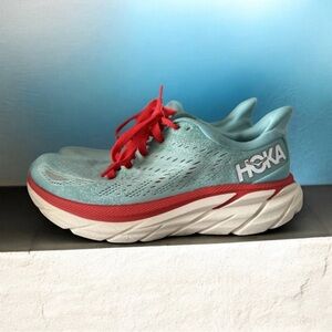 Hoka One One Clifton 8 Women’s Size 8.5 Aqua Red Running Shoes Lightweight